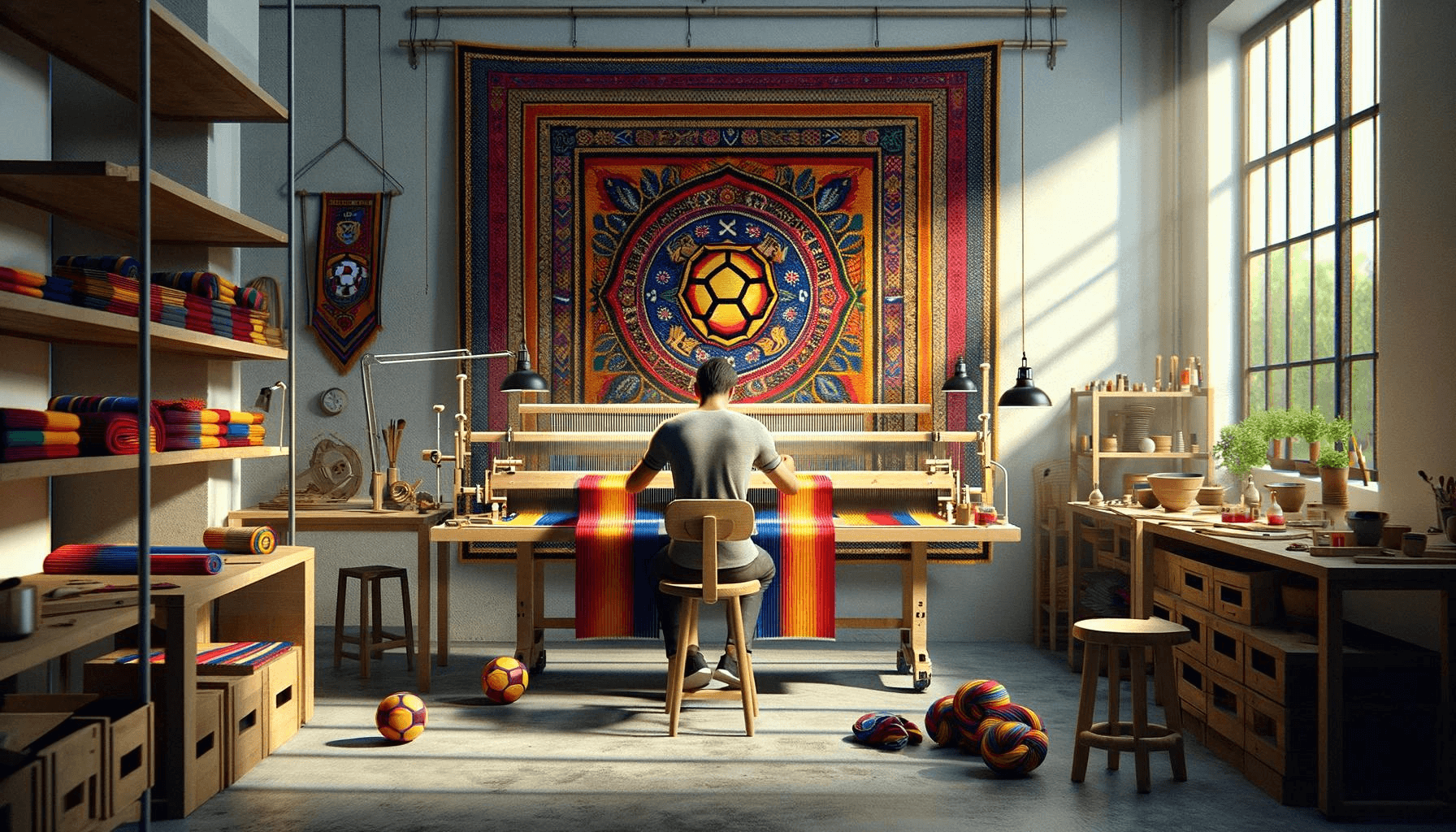 Man sat at a desk making elaborate scarves in his scarf studio